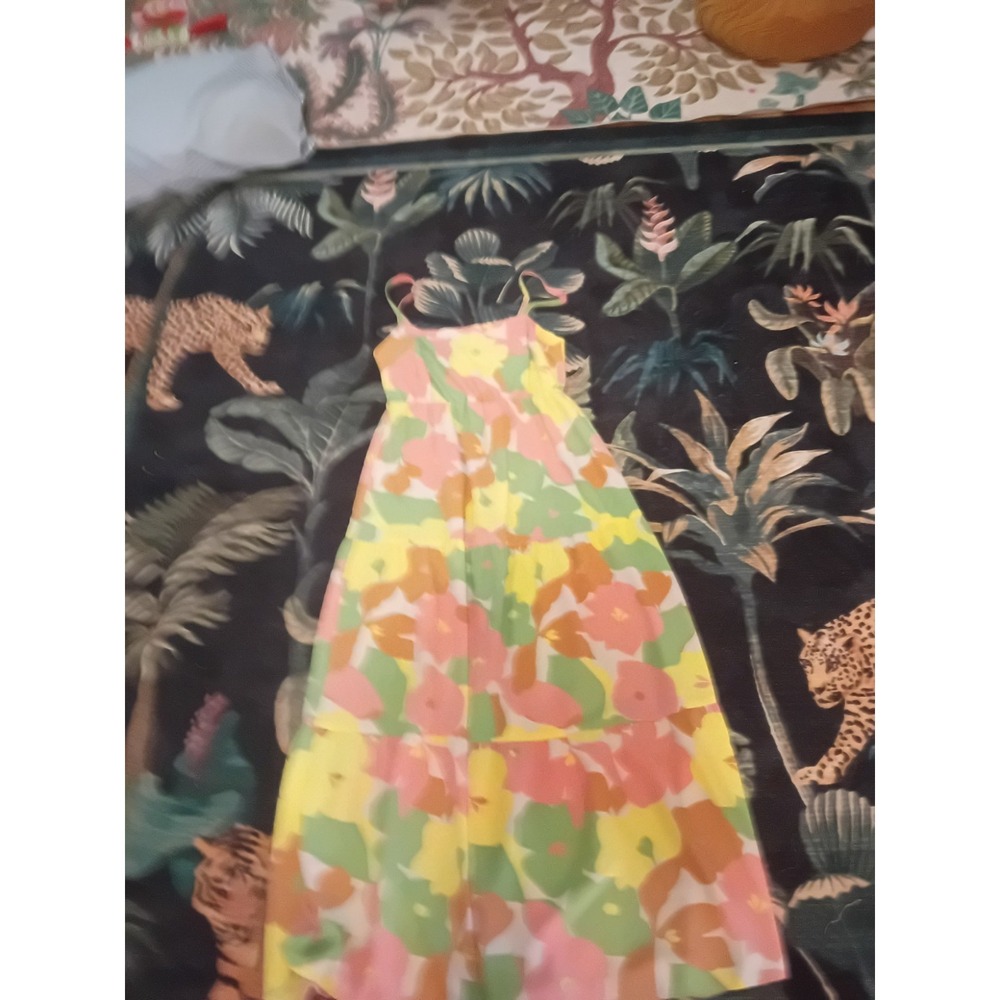 Social Standard Floral Smocked Midi Dress Womens Medium Pink Yellow Green...